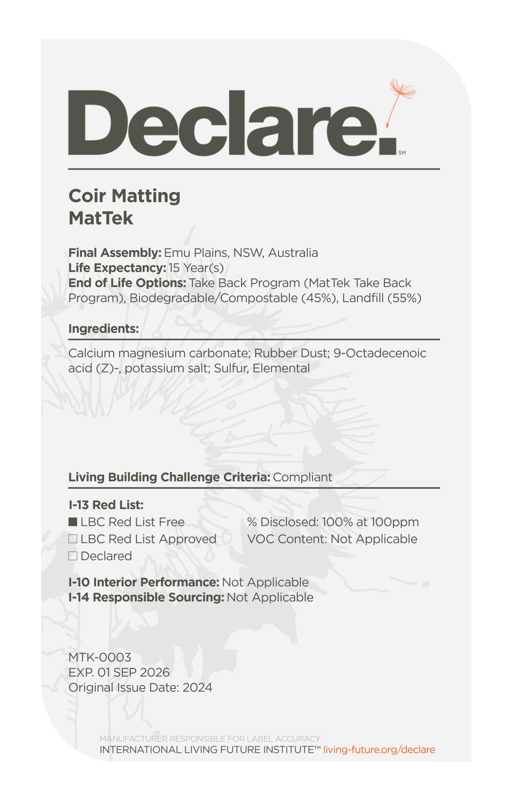 Coir Matting Declare Label 2025