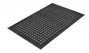 A scraper mat - the Comfort Clean Solid - has 'dog bone' style raised parts to scrape shoes and grooves to hold dirt. The edges are bevelled and the whole mat is black. This mat also has holes for holding water.