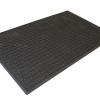 A scraper mat - the Comfort Clean Solid - has 'dog bone' style raised parts to scrape shoes and grooves to hold dirt. The edges are bevelled and the whole mat is black.