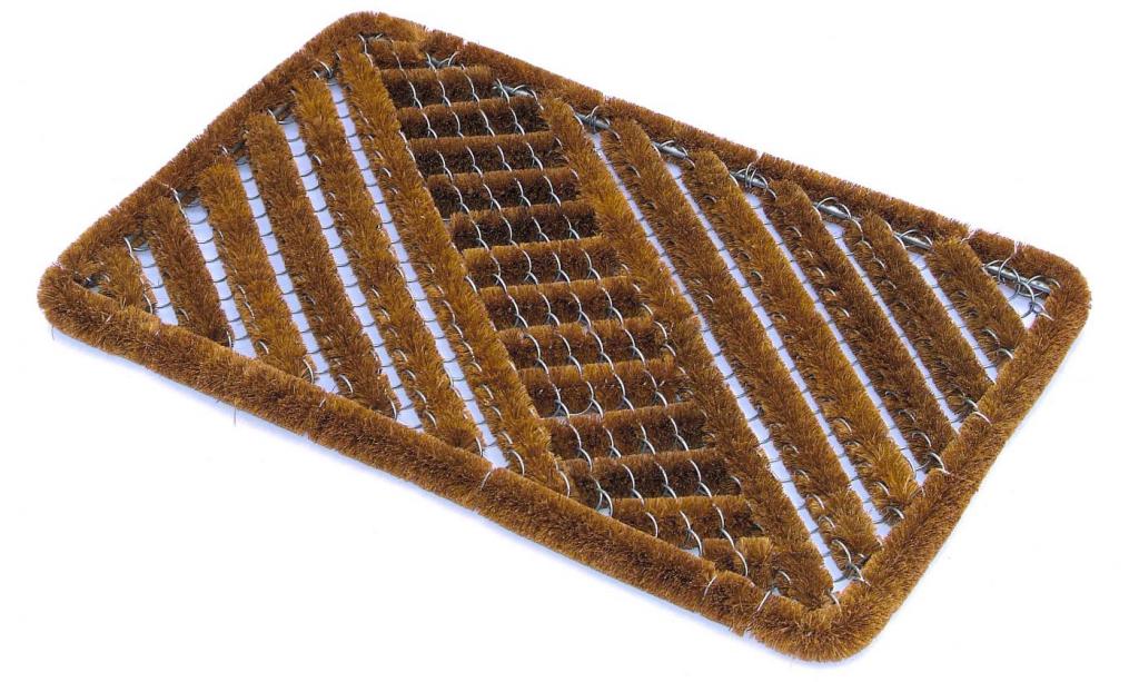 the bottle brush mat shows coir fibres mounted onto aluminium frame that scrapes shoes hard and traps dirt to keep floors clean.
