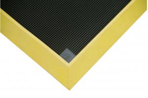 A close up of the boot dip mat shows the scraper spikes and small drainage patch at the corner. The mat has a bevelled edge to keep the water in and a yellow safety border for enhanced protection.