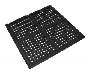 4 tiles of the comfort clean modular anti fatigue mat are shown interlocking. The surface has holes to allow water drainage and a dog bone design to scrape shoes.