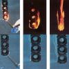 different materials are shown reacting to fire. On the top, a material is burned and sets alight. The final top photo is engulfed in flames. The bottom row shows the fire resistant mat material. It is lit on first in the first image but does not set alight in the second and is smouldering with no flame in the third.