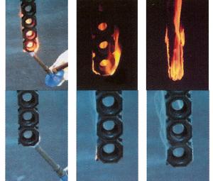 different materials are shown reacting to fire. On the top, a material is burned and sets alight. The final top photo is engulfed in flames. The bottom row shows the fire resistant mat material. It is lit on first in the first image but does not set alight in the second and is smouldering with no flame in the third.