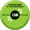 A green Floor Sticker reads "Please Keep A 1.5m Distance". It shows an arrow indicating 1.5m
