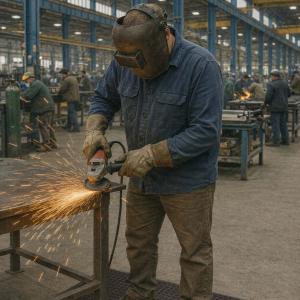 An industrial worker grinding metal while standing on a heavy-duty anti-fatigue mat in a workshop setting. The mat provides stable footing, comfort, and added safety in a high-risk work environment.