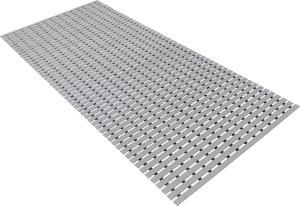A grey, slatted mat designed for traction and drainage, now updated with a clean, hole-free surface. Its streamlined design provides a safer and more polished look.