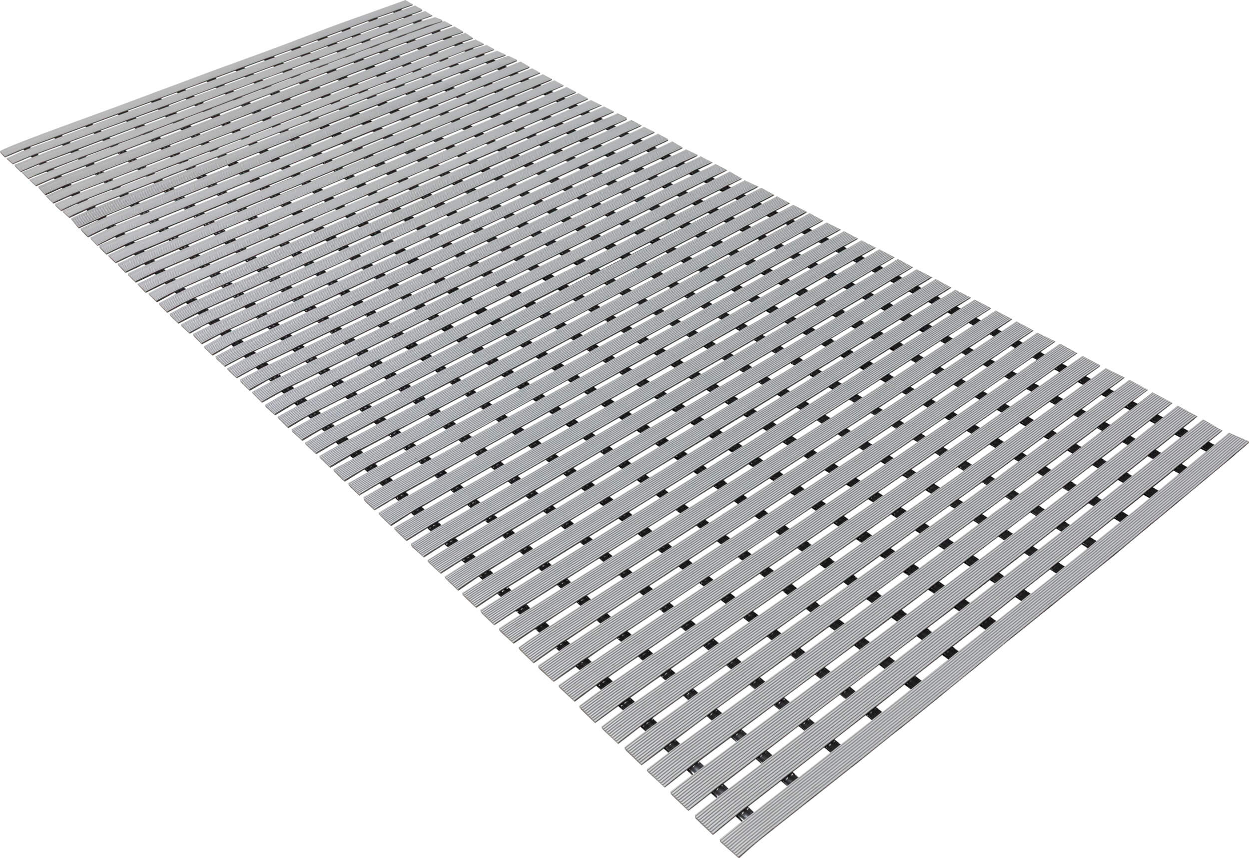 A grey, slatted mat designed for traction and drainage, now updated with a clean, hole-free surface. Its streamlined design provides a safer and more polished look.